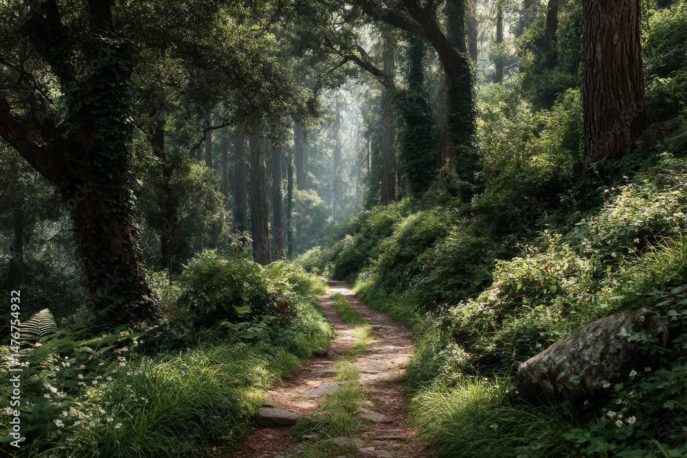 Fototapeta premium A Path Through Emerald Canopy: Sunlight Streams Through Dense Foliage in a Lush Forest Landscape