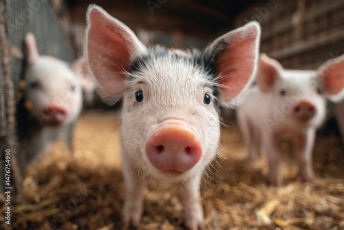 A piglet with big ears and a pink nose sits contentedly among straw in a cozy barn