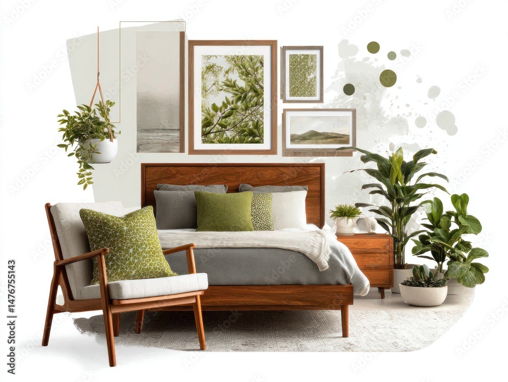 Fototapeta premium This mood board features a stylish bedroom design with green accents and natural elements