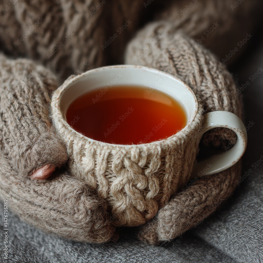 Cozy Comfort: Warm Tea Cup held in Woolen Mittens, Inviting a Moment of Serenity and Relaxation in a Winter Afternoon. Cozy Comfort: Warm Tea Cup held in Woolen Mittens, Inviting a Moment of Serenity and Relaxation in a Winter Afternoon.