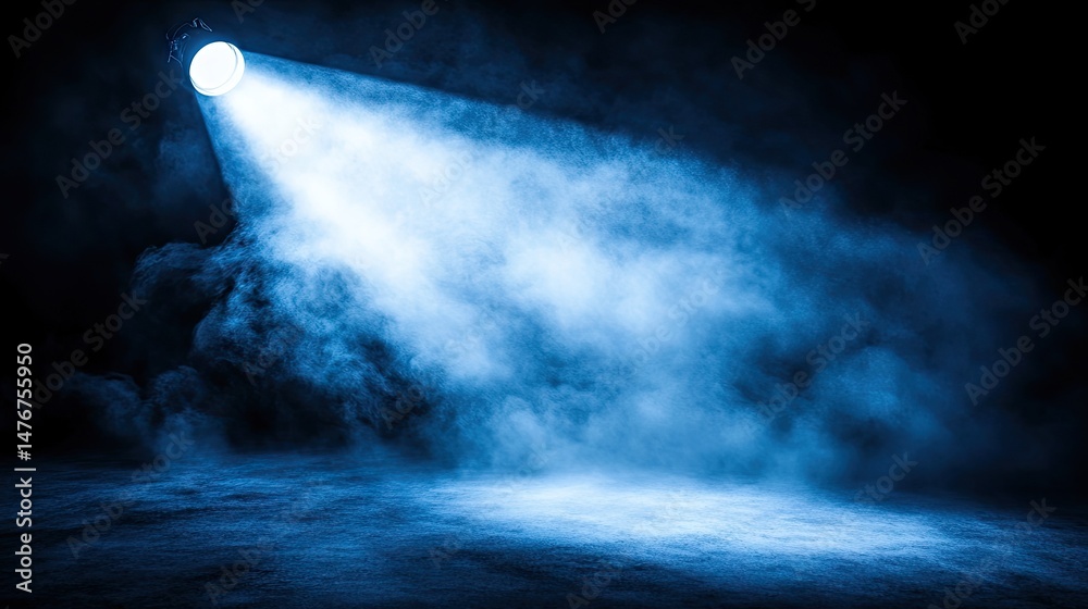 Fototapeta premium Blue spotlight illuminates smoky stage backdrop.