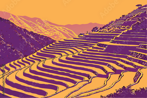 124 dramatic, stunning, mesmerizing, aerial view, mountainous terrain, layered, stepped, terraced, limestone formations, cascading, flowing, glistening, vibrant, saturated colors, warm tones, golden s