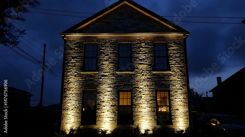 Exterior of a historic building at night, illuminated by spotlights