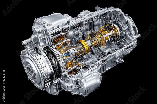 Modern automatic transmission showing gears and hydraulics on black background