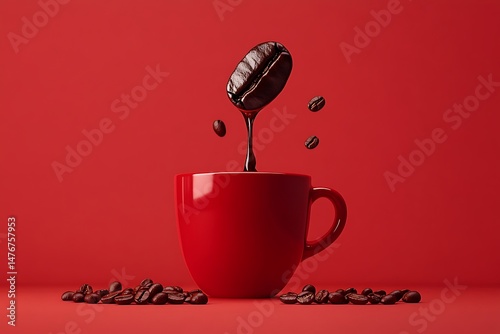 Coffee pouring into red cup with coffee beans on red background
