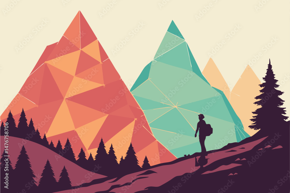 Fototapeta premium 125 abstract_triangle_mountains, colorful_gradient_peaks, minimalist_geometric_landscape, moody_atmospheric_scene, vibrant_color_palette, surreal_digital_art, 3d_render_abstract_nature