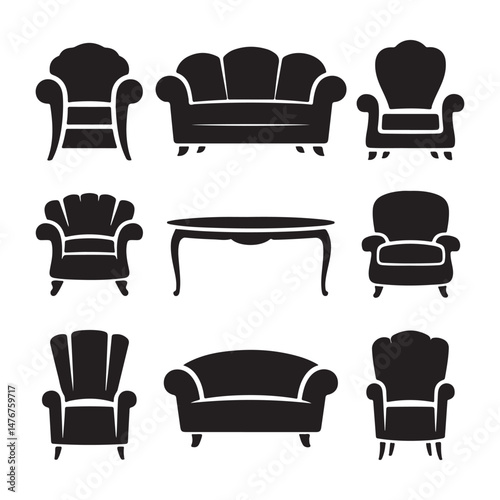 Set of Black Silhouettes of Different Types of Furniture Including Chairs, Sofas, and Armchairs for Home and Office Decor