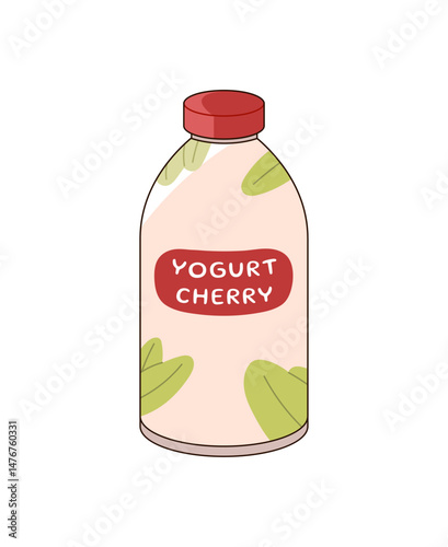 Plastic bottle of liquid yogurt with cherry flavor. Container of dairy product, fermented milk drink. Healthy farm beverage at grocery store. Flat isolated vector illustration on white background