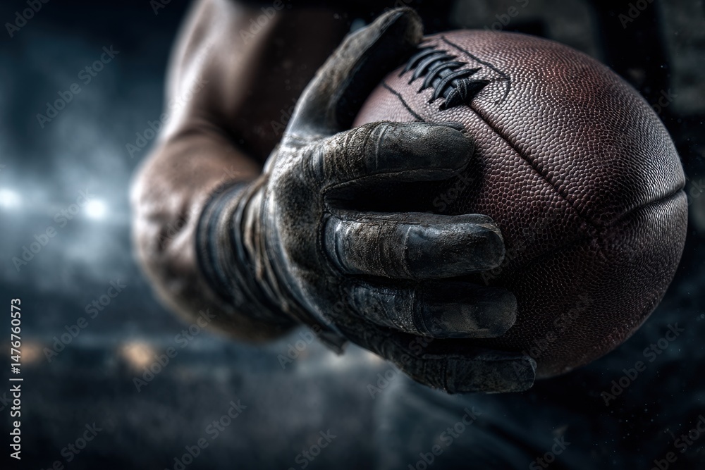 Close up of an American football player gripping the ball tightly with one hand, the textured leather and stitching detail shown, the player ready to play hard. Close up of an American football player gripping the ball tightly with one hand, the textured leather and stitching detail shown, the player ready to play hard.