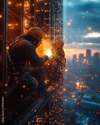 Brave construction workers welding metal beams on skyscraper during twilight city skyline high resolution image