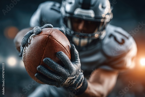 Close-up portrait of a determined American football player holding the ball with focused expression, ready for action in a high-stakes game with bright stadium lights. photo