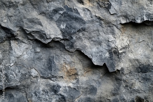 Close-up view of a rough, gray rock face with various textures and patterns.  Intricate layers and fissures are visible throughout.  Shades of gray and hints of light tan are apparent