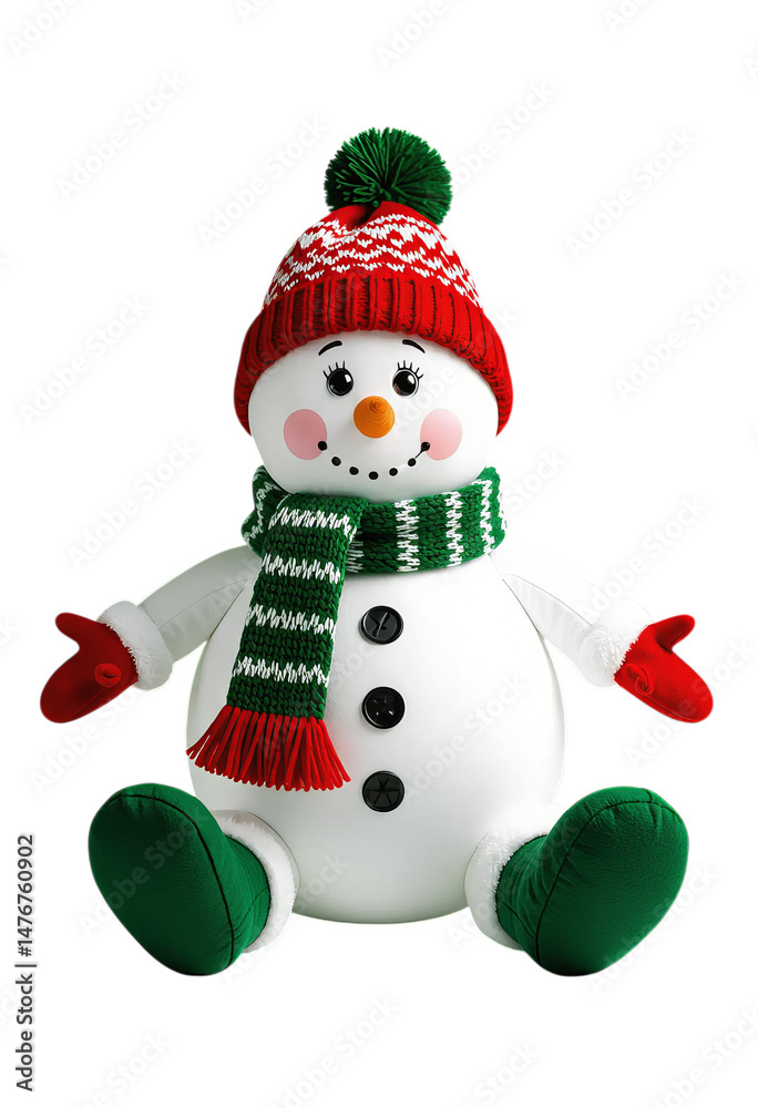 Fototapeta premium Festive Plush Snowman, with Red and Green Winter Clothes, transparent background..