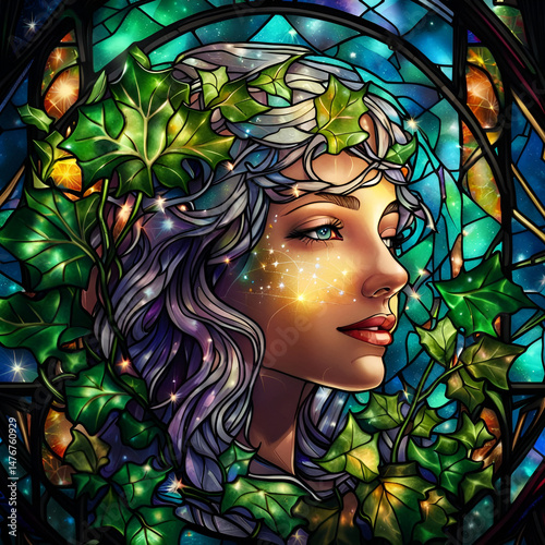 A mystical forest spirit with glowing skin and vibrant ivy-crowned hair gazes into the stars, blending nature and magic in a stunning stained-glass style portrait. Digital illustration