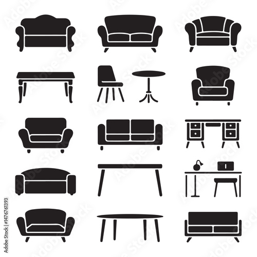 Set of Black Silhouettes of Different Types of Furniture Including Chairs, Sofas, and Armchairs for Home and Office Decor
