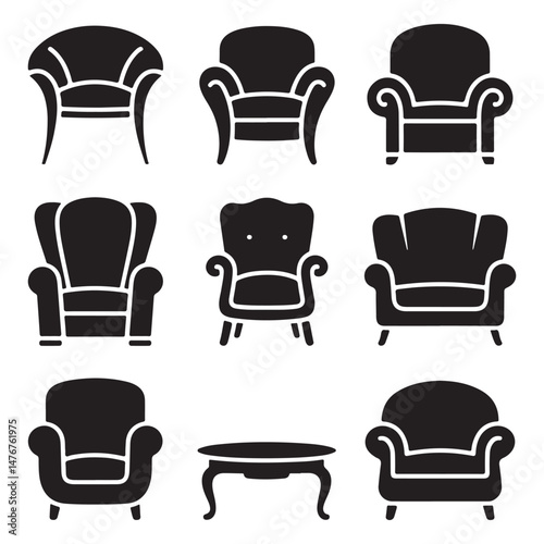 Set of Black Silhouettes of Different Types of Furniture Including Chairs, Sofas, and Armchairs for Home and Office Decor