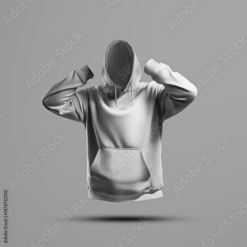 Mockup of a white oversized men's hoodie, 3D rendering, front view, with hands up, isolated on background.