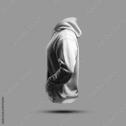 Mockup of a white oversized men's hoodie, 3D rendering, side view, with hands in pockets, isolated on background.