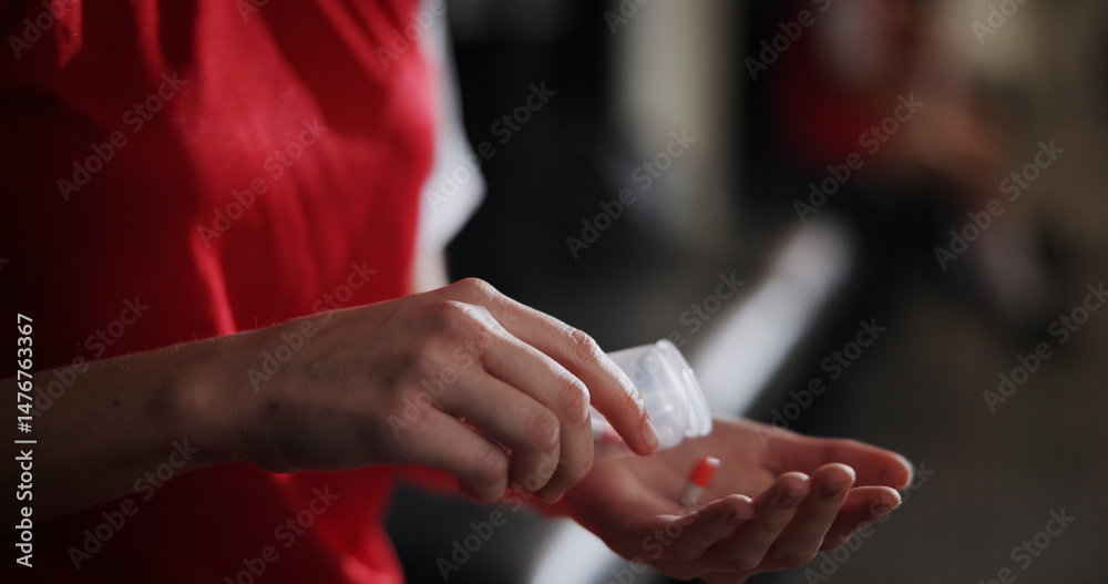 Fototapeta premium Soccer player, hands and pills with vitamin supplement for sport, challenge or competition in locker room. Closeup, person or athlete with medication, antibiotic or prescription for game or match
