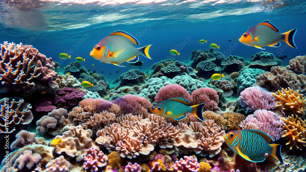 Fototapeta premium Vibrant tropical fish swimming among coral reef