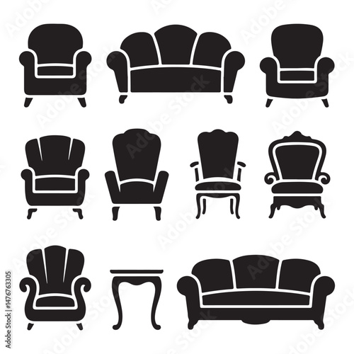 Set of Black Silhouettes of Different Types of Furniture Including Chairs, Sofas, and Armchairs for Home and Office Decor