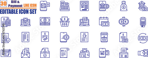Bill Payment icon set. Payment options. Outline payment method symbols. Money transfer. Banking, credit card, cash and transaction symbol. Vector illustration 