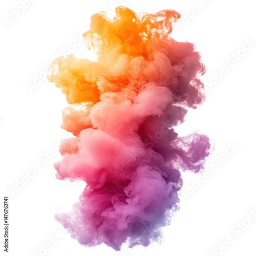 Colorful smoke cloud dancing in the air with vibrant hues of orange, pink, and purple cutout isolated on transparent bg, png