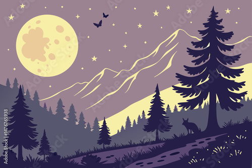126 night sky, mountain landscape, forest, moon, stars, fireflies, digital art, vibrant colors, fantasy, cinematic, landscape illustration