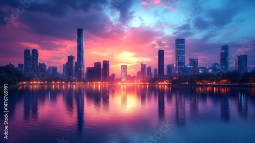 Wallpaper Mural Wide panoramic modern city skyline with colorful sunset reflecting over water high resolution image Torontodigital.ca