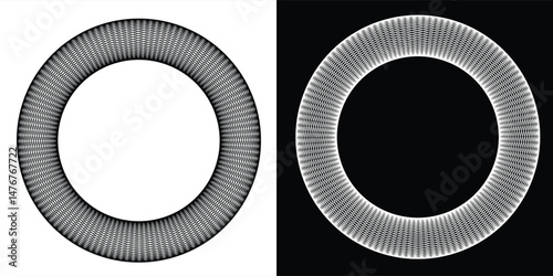 Set of circles with lines. Lines in one color with different opacity. Black spiral on white background and white spiral on black background. Dynamic design element with 3 parts.