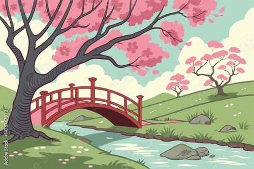64 8k, highly detailed, cinematic, bright, whimsical, dream-like fantasy landscape, vibrant pink cherry blossom trees, red wooden bridge, flowing river, green hills, cloudy blue sky, intricate texture