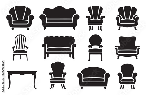 Set of Black Silhouettes of Different Types of Furniture Including Chairs, Sofas, and Armchairs for Home and Office Decor