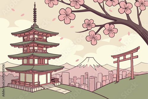 65 japanese temple, tokyo cityscape, cherry blossom trees, pagoda, torii gate, anime style, flat design, digital art, vibrant colors, detailed landscape, whimsical atmosphere