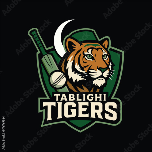 Tablighi Tigers Cricket Team Logo Design Fierce Tiger Mascot with Bat and Ball