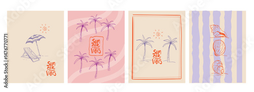 Hand-drawn summer posters with palm trees, shells, sun, and beach elements. Minimalist doodle design in vibrant pastel colors. Perfect for print, decor, branding, ads, or web use.