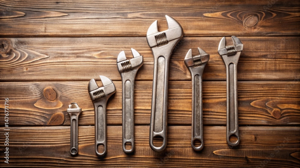 A Collection of Adjustable Wrenches Arranged on a Rustic Wooden Surface, Showing a Variety of Sizes and a Sense of Craftsmanship A Collection of Adjustable Wrenches Arranged on a Rustic Wooden Surface, Showing a Variety of Sizes and a Sense of Craftsmanship