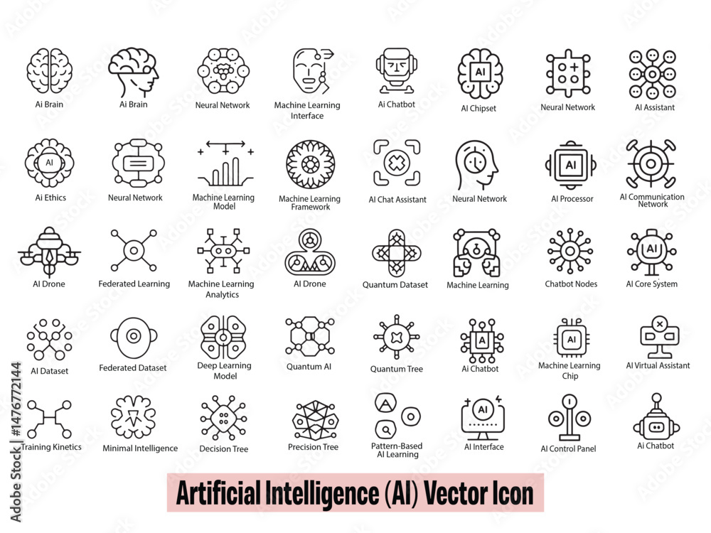 Fototapeta premium Artificial Intelligence Vector Icons in Minimal Line Style – AI Technology and Machine Learning Symbols Set