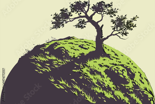 128 spherical miniature landscape, lush green grass, solitary tree, dramatic lighting, cinematic composition, digital art, hyperrealistic, high definition