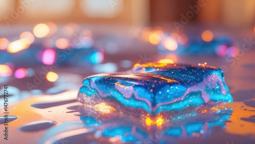 blue cube melting on surface with bright bokeh. Shiny cube liquidating on warm background.