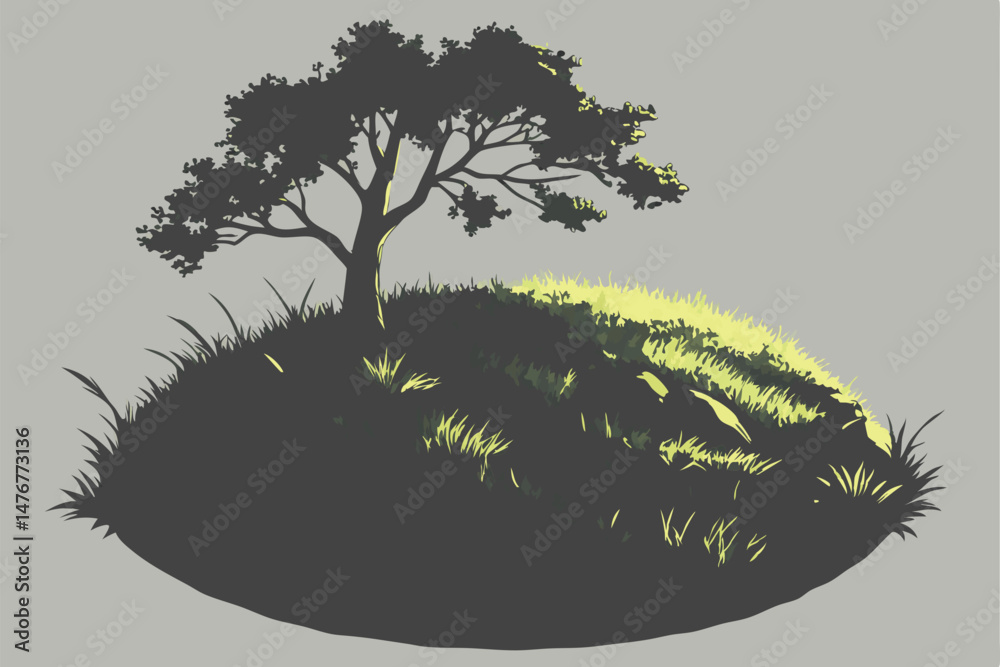 128 spherical miniature landscape, lush green grass, solitary tree, dramatic lighting, cinematic composition, digital art, hyperrealistic, high definition