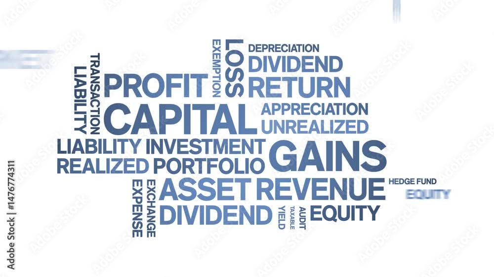 Capital Gains animated word cloud;text design animation tag kinetic typography seamless loop.
