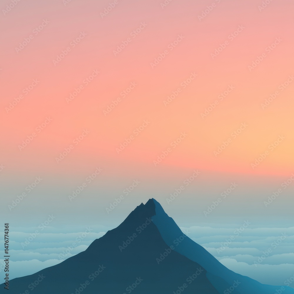 Obraz premium Minimalist mountain peak illustration at sunset with clouds below in flat design style vector art