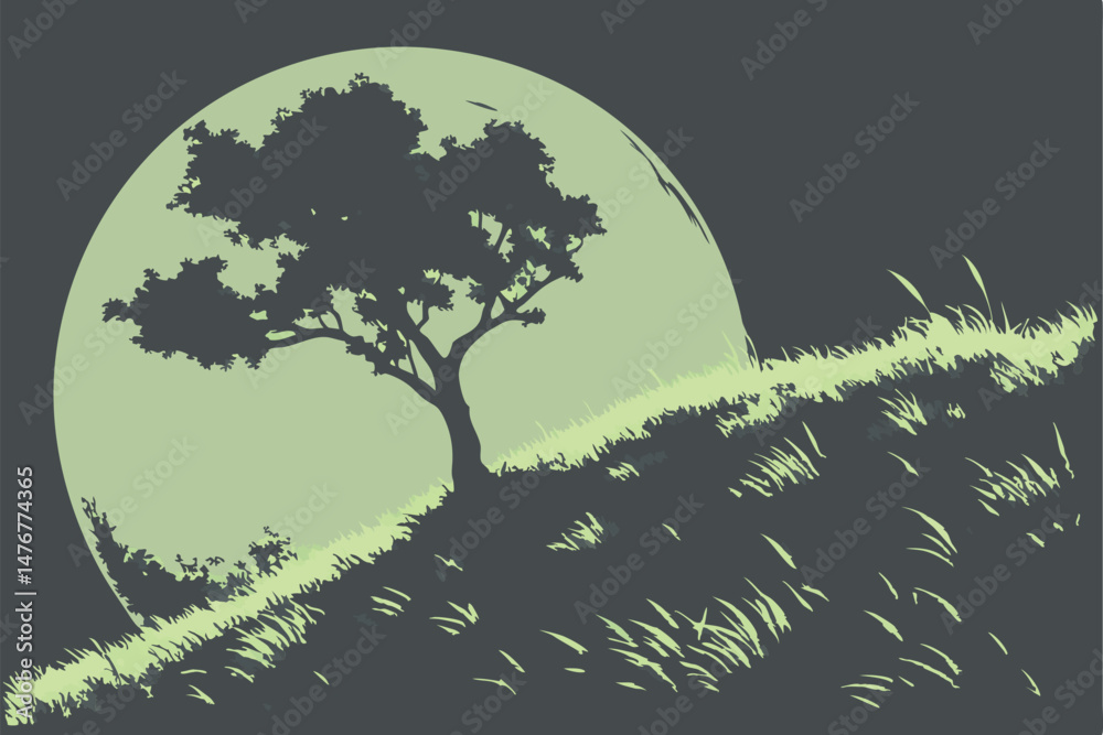 128 spherical miniature landscape, lush green grass, solitary tree, dramatic lighting, cinematic composition, digital art, hyperrealistic, high definition