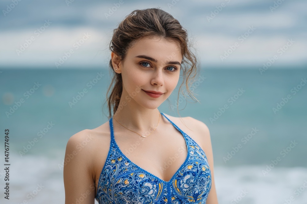 Oceanside Beauty: Serene Portrait of a Woman in Blue Oceanside Beauty: Serene Portrait of a Woman in Blue
