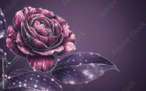 Enchanting Rose: A detailed close-up shot showcasing a solitary, intricately drawn rose in full bloom, accompanied by its leaves. The bloom, with its layers of delicate petals.