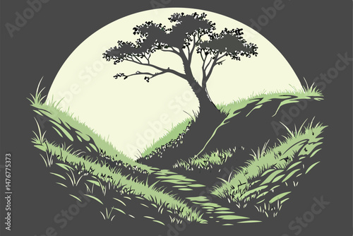 128 spherical miniature landscape, lush green grass, solitary tree, dramatic lighting, cinematic composition, digital art, hyperrealistic, high definition