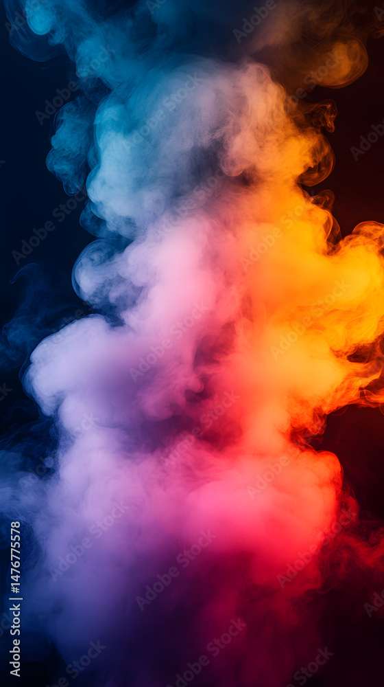 Naklejka premium A dark abstract vertical background with white smoke illuminated by blue, magenta and orange light
