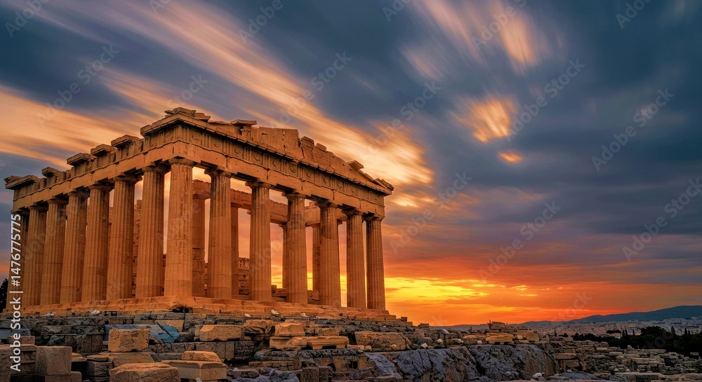 Obraz premium Parthenon at Sunset: NW View with Moving Clouds & Structure