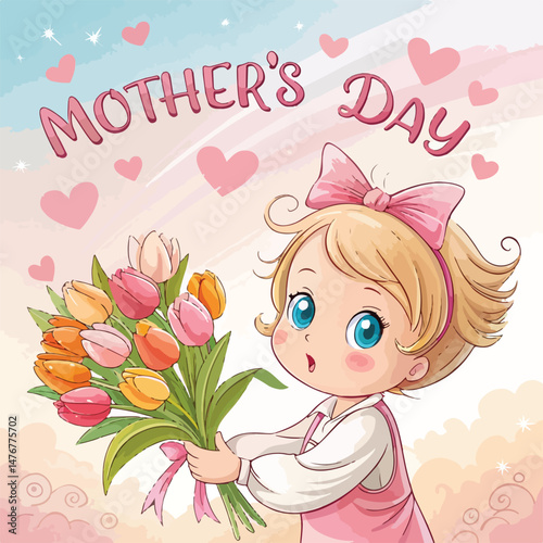 Adorable Toddler Girl Giving Tulips for Mother's Day