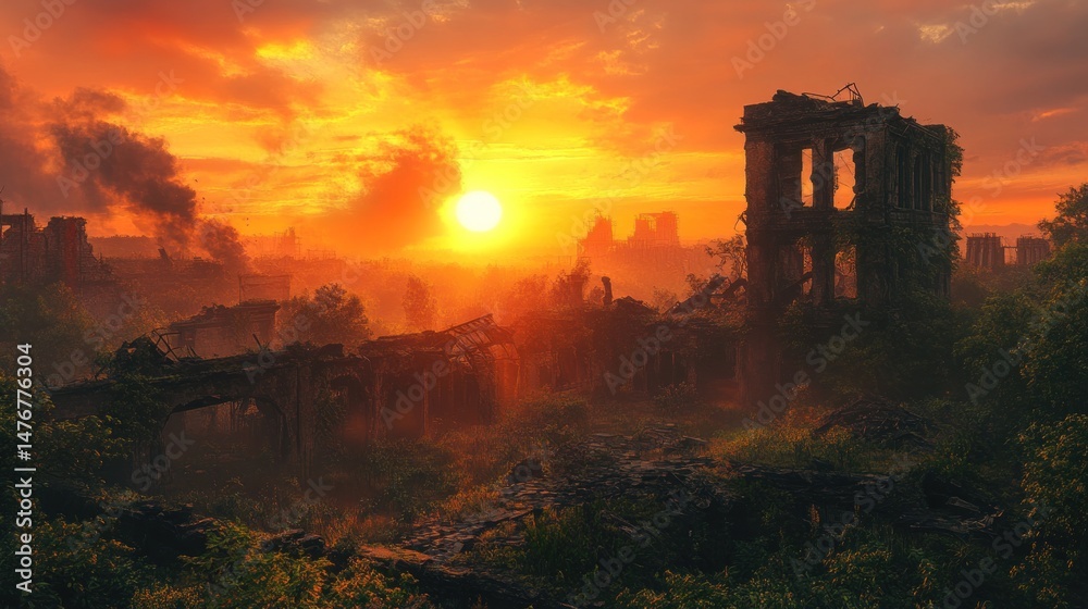 Obraz premium Ruined factory at sunset